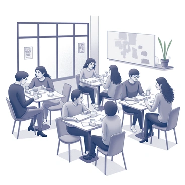 A café setting filled with various tables and chairs. Some tables have clusters of people, including artists and writers, engaged in animated discussions. In one corner, a writer is typing on a laptop while surrounded by notebooks and coffee cups. Another group is sharing ideas, gesturing expressively as they talk over plates of pastries. The atmosphere is lively, with steam rising from coffee cups and light filtering in through large windows. Decorative elements like potted plants and art on the walls add to the inviting ambiance of the space.
