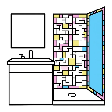 A bathroom, featuring walls and a floor entirely covered with bright, mosaic tiles in various colors. The tiles form intricate patterns, enhancing the visual texture of the space. A white sink with a chrome faucet is positioned against one wall, and a large mirror is mounted above it. A sleek, modern shower with glass doors is visible on the side, with colorful tile accents along the edges. The lighting is bright and evenly distributed, illuminating the vibrant hues of the tiles.