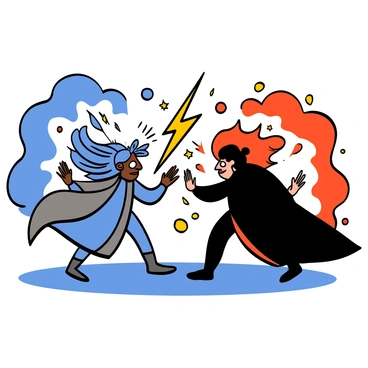 Two powerful spirits are facing each other, surrounded by swirling, vibrant clouds. One spirit has an ethereal glow with flowing blue and silver robes, while the other emits a fiery red and orange aura, wearing dark, flowing garments. Energy bolts and magical symbols are sparking between them as they prepare to unleash their powers. The ground beneath them is illuminated by their energy, highlighting their fierce expressions and intense focus as they engage in this dramatic duel.