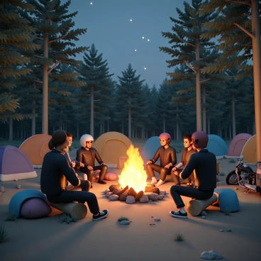 A group of motorcyclists, all wearing leather jackets and helmets, is gathered around a bright campfire in a forest clearing. The flames are flickering, casting warm light on their faces as they sit on logs and camping chairs, sharing stories and laughter. Nearby, there are several colorful tents pitched on the ground, along with a few parked motorcycles showcasing various designs and colors. Tall trees surround the clearing, their leaves rustling gently in the evening breeze, adding to the outdoor atmosphere. The ground is covered with grass and small rocks, and the sky above is gradually darkening, revealing stars beginning to twinkle.