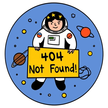 An astronaut floating in space, puzzled by a floating '404 Not Found' sign