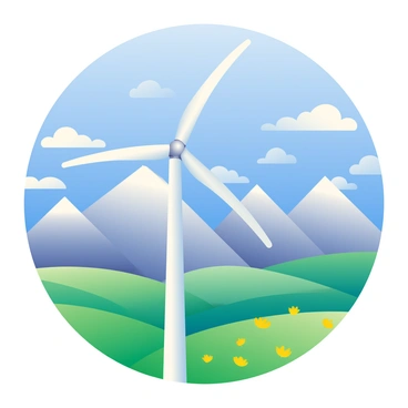 A tall wind turbine with sleek white blades is spinning in the wind, prominently placed in the foreground. The turbine stands against a vibrant blue sky scattered with fluffy white clouds. In the background, rolling green fields stretch out, dotted with yellow wildflowers. Behind the fields, majestic mountains rise, their peaks capped with snow, contrasting with the lush greenery below. The sunlight casts shadows on the landscape, highlighting the contours of the terrain.