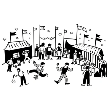 A crowded medieval festival scene with jesters performing acrobatics and juggling in the foreground. Knights in shining armor are engaged in friendly sword combat nearby, showcasing their skills. Colorful flags of various shapes and patterns are waving from tall poles scattered throughout the area, creating a sense of movement. Stalls are set up with vendors selling food and handmade goods, with people gathered around them. Some visitors are wearing period-appropriate costumes, adding to the vibrant atmosphere of the festival.