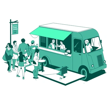 A vintage coffee truck parked at a bustling street corner, serving customers with cheerful faces.