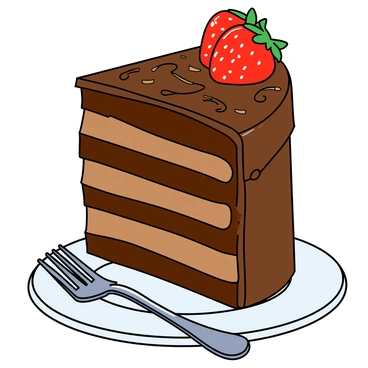 A tall chocolate gateau with multiple rich layers, each one filled with a creamy chocolate mousse. The exterior is covered in a smooth, glossy ganache that glistens under the light. The top of the gateau features swirls of chocolate icing and small chocolate shavings scattered around. A few fresh strawberries are positioned on one side, adding a vibrant touch to the dessert. The base of the gateau is presented on a delicate white porcelain plate, with a shiny fork placed beside it.