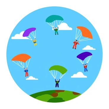 A group of skydivers is forming a circle as they descend through the sky. Each skydiver wears brightly colored jump suits in shades of blue, red, green, and yellow. Their parachutes are fully open, showcasing a variety of vibrant colors including orange, purple, and turquoise as they catch the air. The sky is a bright blue with a few fluffy white clouds scattered throughout, providing a contrasting backdrop to the vivid colors of the parachutes. The ground below is a patchwork of green fields and brown earth, adding to the dynamic scene.