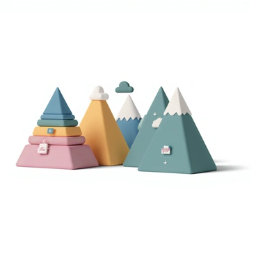 A series of mountains, each composed of stacked "digital download icons" in a variety of vibrant colors. The icons vary in shape and design, featuring symbols like arrows, files, and cloud graphics. The mountains rise sharply, creating a dramatic landscape, with the bright colors blending together to form a striking visual contrast against a clear blue sky. The sunlight casts shadows, highlighting the textures and layers of the icons, providing a sense of depth and dimension to the scene.