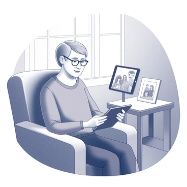 A senior citizen is sitting comfortably in an armchair. They are holding a tablet in their hands, gazing at the screen with a focused expression. The tablet displays the image of family members engaged in a video chat. The person's hair is gray, and they are wearing reading glasses, which sit low on their nose. The setting features a cozy room with a small side table holding a framed family photo beside them. Sunlight filters in through a nearby window, casting soft shadows around the space.