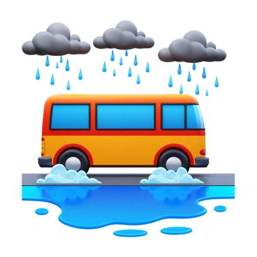 A bus moving swiftly through puddles on a wet road. Water sprays up around the tires as the bus accelerates. The scene captures dark rain clouds overhead and raindrops visibly hitting the ground. The bus is painted in bright colors, contrasting with the gray atmosphere. Puddles reflect the bus and surrounding scenery, enhancing the dynamic motion of the vehicle. The ground is slick and glistening, emphasizing the rainy race day setting.