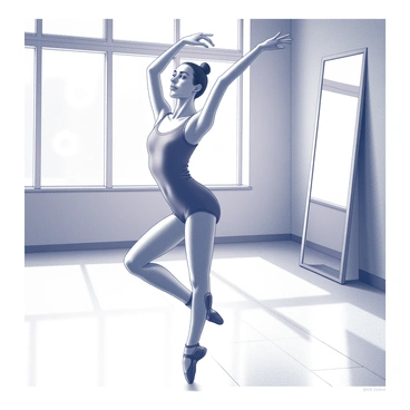 A woman is striking an elegant ballet pose in a dance studio. She stands on one leg with her other leg extended gracefully behind her. Her arms are positioned above her head, forming a delicate arch. The studio features large mirrors reflecting her form and an expansive wooden floor that emphasizes her poised stance. Sunlight streams in through large windows, casting soft shadows and highlighting the details of her attire.