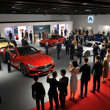 An evening launch event taking place at a luxury car shop. The setting is well-lit, highlighting sleek and modern car models on display, reflecting their shiny surfaces. Elegant guests are mingling, dressed in formal attire, with men in tailored suits and women in elegant evening gowns. Each guest is holding a glass of champagne, enhancing the upscale atmosphere. Some guests are admiring the new car models, while others are engaged in conversation, creating a lively yet sophisticated ambiance. The backdrop features large banners displaying the car brand's logo and a stylish red carpet leading to the entrance.