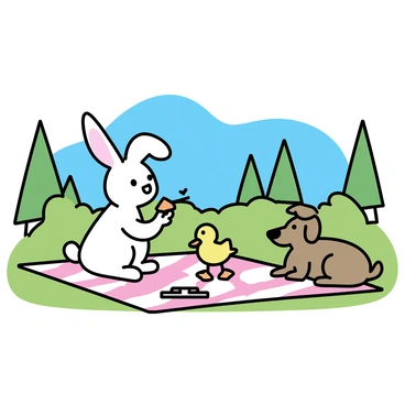 A group of three playful animals is gathered together on a vibrant green lawn in a sunny park. A cheerful rabbit, with soft white fur and long ears, is sitting on a red and white checkered blanket. The rabbit is munching on a carrot. Next to the rabbit, there is a small yellow duck with bright orange feet, pecking at a piece of bread. A curious brown dog with floppy ears is lying on the other side of the blanket, wagging its tail and eyeing a plate full of treats. The park is filled with tall trees and a clear blue sky above.
