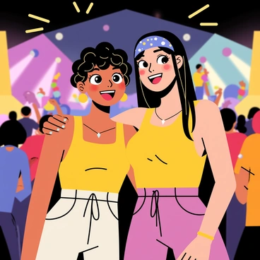 Two best friends stand together at a music concert, both wearing colorful outfits. They have wide smiles on their faces, filled with excitement. One friend has short curly hair and is wearing a bright yellow tank top, while the other has long straight hair with a blue bandana. Vibrant, colorful lights illuminate their faces, creating playful shadows and reflections. People in the background are dancing, and the stage is visible with bright lights flashing in the air. The atmosphere is lively and energetic, capturing the joy of their shared experience.