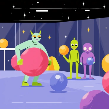 A cosmic gym setting filled with various aliens. One alien with teal skin and three eyes is performing squats while holding a bright red planet as a weight. Another alien, resembling a tall green humanoid with antennae, is squatting with a small yellow planet. Nearby, a round purple alien with short limbs is lifting a heavy blue planet. The gym is adorned with starry backdrops and glowing cosmic equipment. Bright lights illuminate the scene, highlighting the different aliens and their unique weights.
