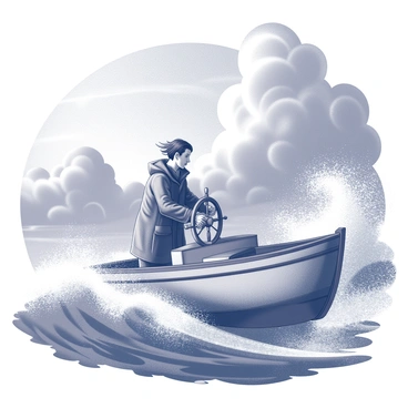 A sailor is standing at the helm of a small boat, gripping the wheel firmly. The waves are towering around him, each one crashing against the side of the vessel, sending sprays of water flying into the air. The sky above is filled with dark, swirling clouds, creating a dramatic backdrop. The sailor is wearing a raincoat, with hair blowing wildly in the strong winds. The sea is churning, with foam racing along the wave crests, adding to the feeling of chaos in the scene.