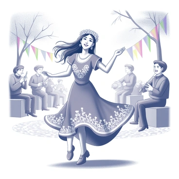 A woman wearing a vibrant dress with intricate patterns is dancing joyfully at an outdoor fiesta. She has long flowing hair adorned with a flower crown. Surrounding her are various festive decorations, including colorful banners and streamers hanging from nearby trees. In the background, a band of musicians is playing traditional instruments, adding to the lively atmosphere of the celebration. The ground is covered with a patterned cloth, and guests are gathered around, enjoying the festivities.