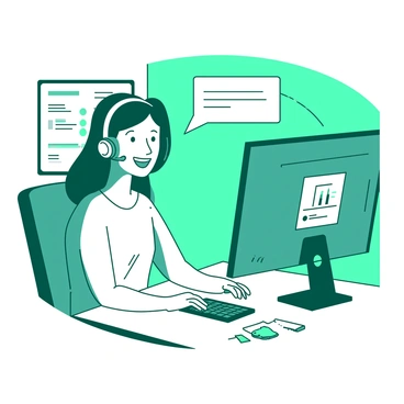 A teal customer with a big smile is talking to a white representative through a headset. The customer is seated at a desk that has a few colorful sticky notes and a computer monitor displaying a friendly interface. The representative is wearing a white shirt and is sitting in an office environment with a teal wall behind them. There is a warm atmosphere as both are engaged in a pleasant conversation.