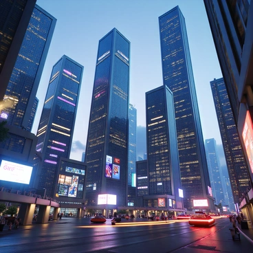 A futuristic cityscape featuring tall skyscrapers designed to resemble Kubernetes containers. The buildings are sleek with a metallic finish, showcasing a series of colorful and vibrant patterns on their surfaces. The skyline is filled with various sizes of these container-like structures, some stacked on top of each other, creating a unique architectural design. The scene is illuminated by bright, neon lights and holographic advertisements, casting a futuristic glow on the streets below. Hovering vehicles zip through the air, adding to the dynamic atmosphere of the city.