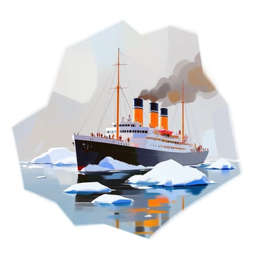 A steamship with a dark hull is navigating through icy waters, surrounded by floating icebergs. The ship has multiple large smokestacks from which thick plumes of smoke are billowing into the air. The sky is overcast, casting a grayish hue over the scene. The ship's deck is bustling with crew members dressed in warm clothing, working diligently as the vessel makes its way through the frozen landscape. The icy waters reflect the pale light, creating a stark contrast with the ship's dark exterior.