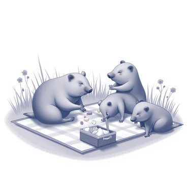 A family of wombats is gathered in a meadow. The first wombat is sitting on a patterned picnic blanket, while another is lying down, resting on its side. A picnic basket is placed nearby, partially open, revealing an assortment of food items. The background features tall grasses and a few scattered wildflowers, enhancing the lushness of the scene. Additional wombats are playing together, tumbling around joyfully in the grass. The sunlight casts soft shadows, creating a peaceful atmosphere around the family.