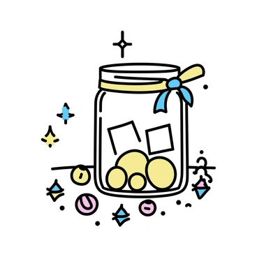 A holiday savings jar made of clear glass, filled with coins and small bills. The jar is decorated with colorful ribbons wrapped around the neck and various ornaments hanging from the sides. The scene includes a soft glow from fairy lights surrounding the jar, and a few scattered holiday-themed decorations on the table beneath it.