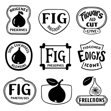 A collection of vintage-style labels for "fig preserves," each label featuring ornate, elegant typography that elegantly displays the text. Each label showcases a detailed illustration of a fig, with various poses and angles captured, highlighting the textures and characteristics of the fruit. The labels are intricately designed with decorative borders and embellishments, enhancing the vintage aesthetic. There are different shapes and sizes of labels, positioned in a harmonious arrangement to create a visually appealing display.