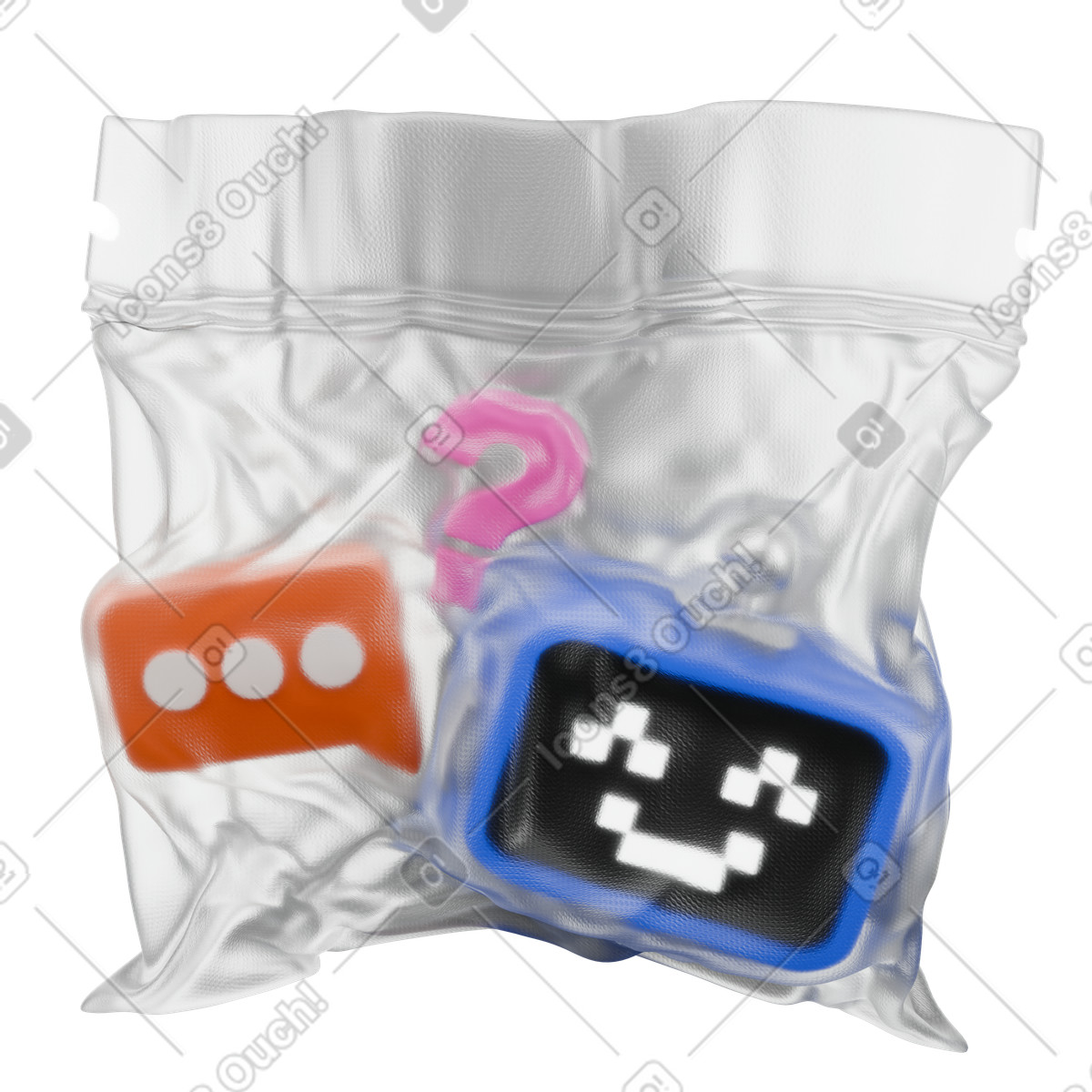 3d vacuum-packed bot, question mark, and speech bubble illustration in Wrap style download in PNG, SVG