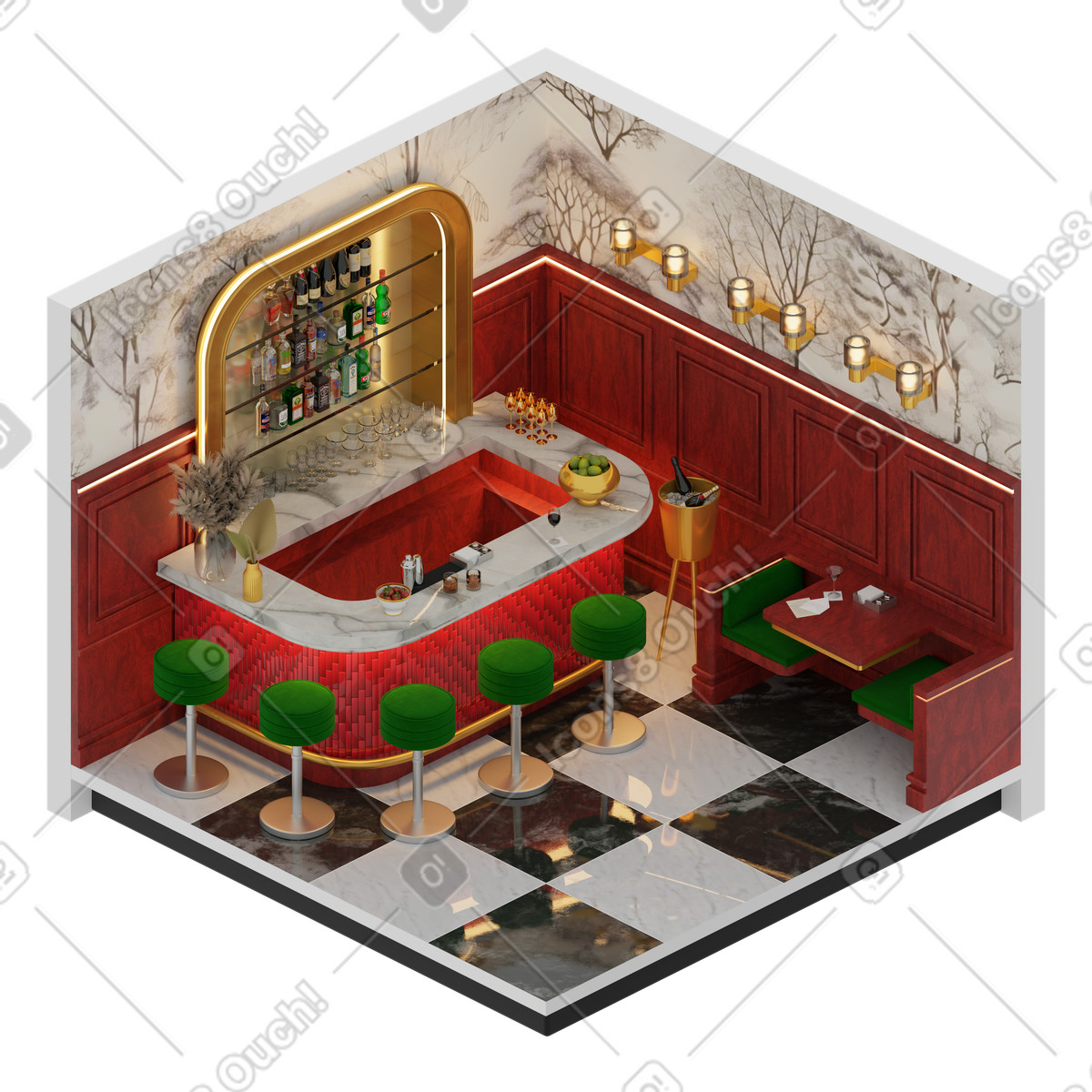 Isometrische restaurantbar-Illustration im 3D Rooms-Stil als Download in PNG, SVG