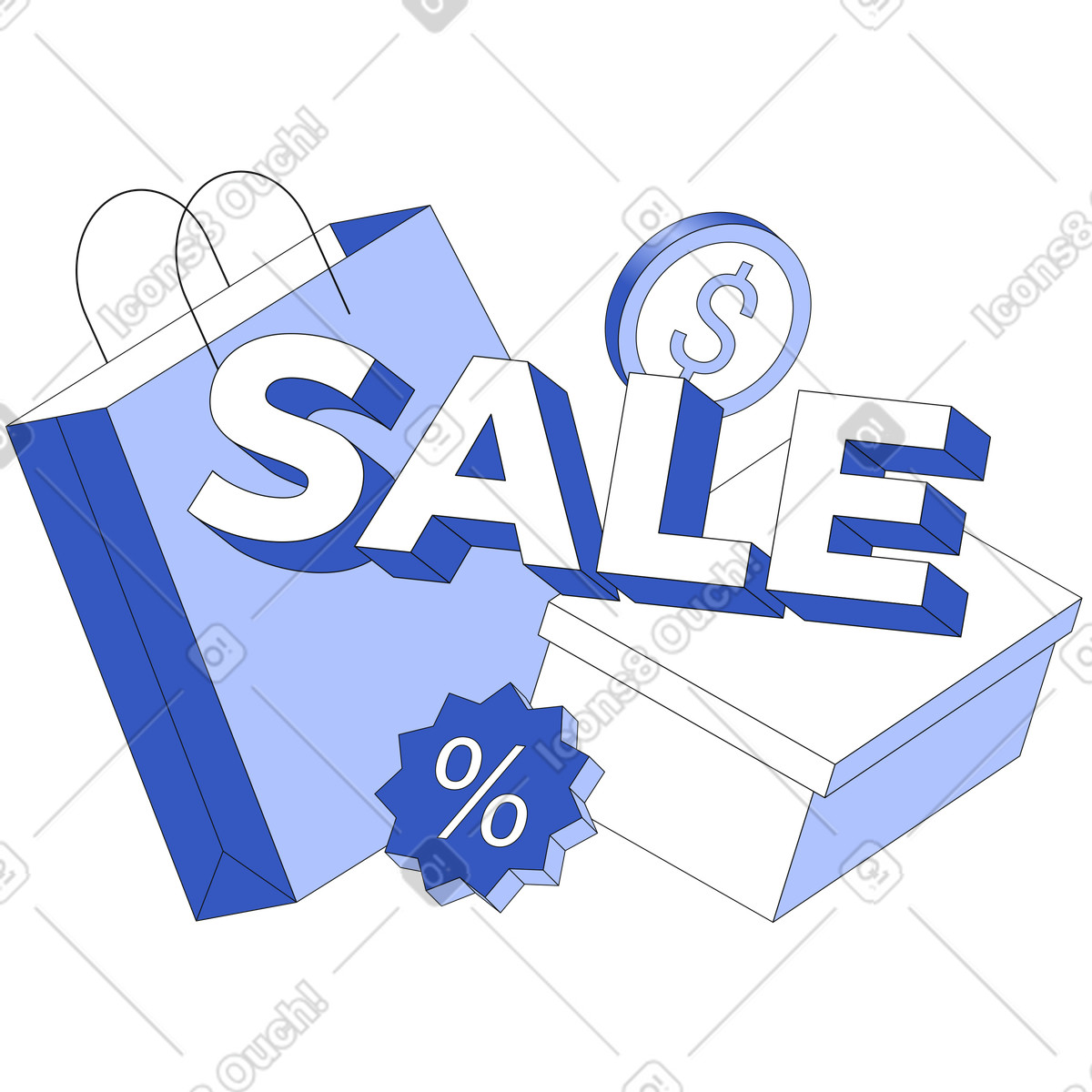 下载 Techny 风格的 Bag, box, and bold Sale text with coin, Marketing campaign seasonal discount announcement 插画，支持 PNG、SVG 格式