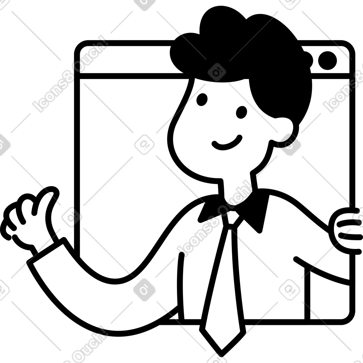 Illustration Browser window character giving thumbs up for online service approval dans le style Notion Line Art à télécharger aux formats PNG, SVG