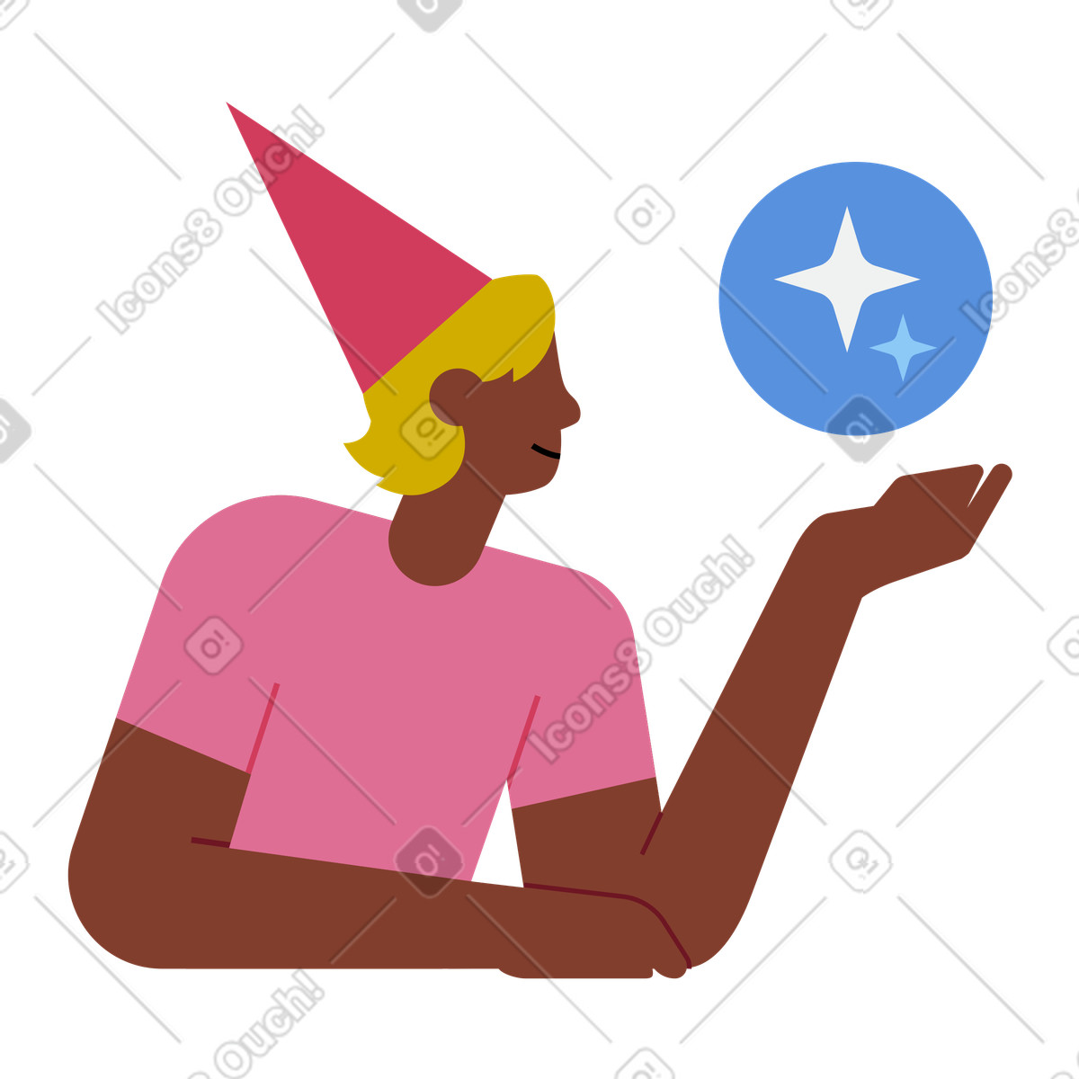 Ilustração de Mago de chapéu pontudo segurando uma faísca mágica, geração de ideias criativas e brainstorming, metáfora visual para inspiração e criatividade. em PNG e SVG