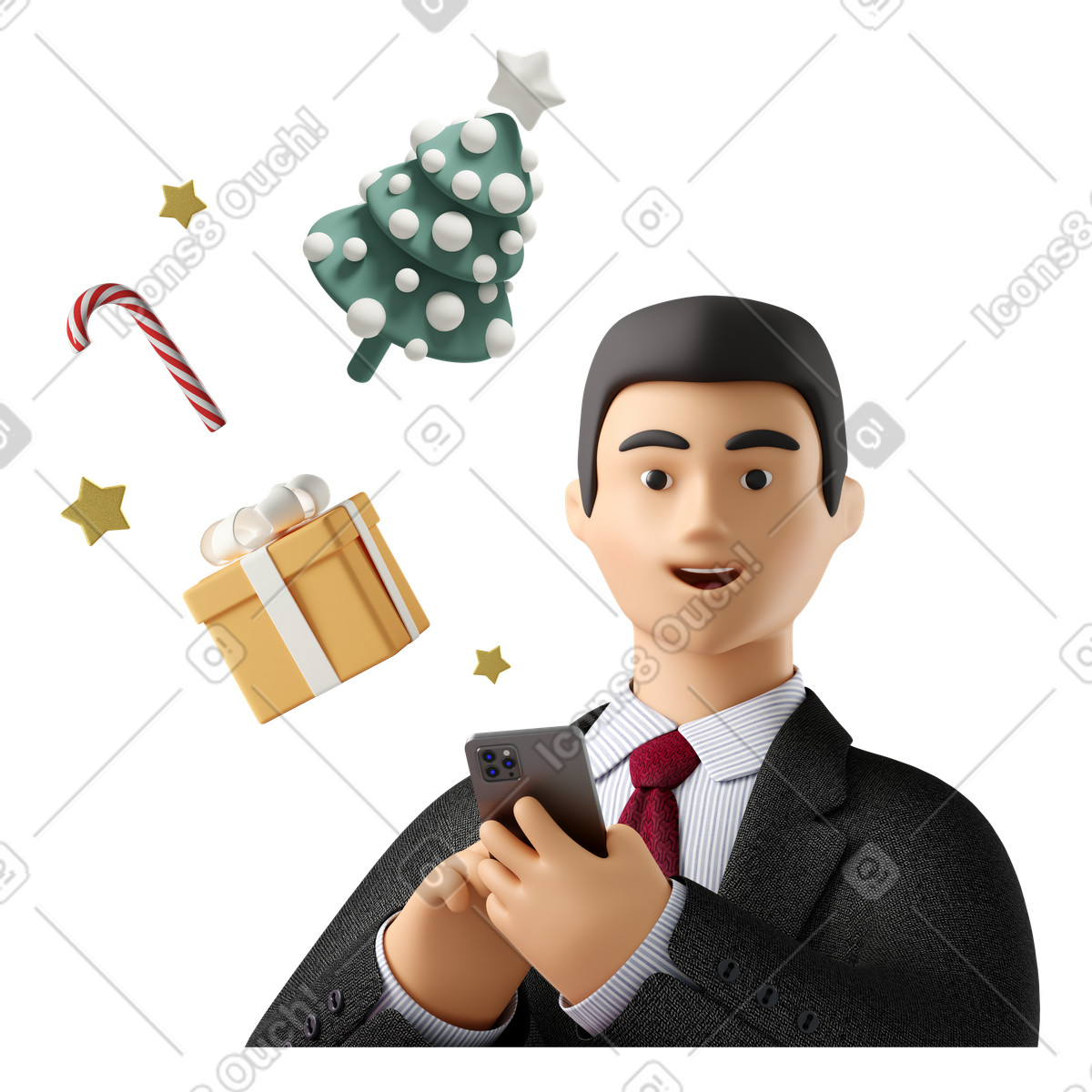 Illustration Homme d'affaires faisant du shopping lors d'une vente de vacances via mobile dans le style 3D Business à télécharger aux formats PNG, SVG