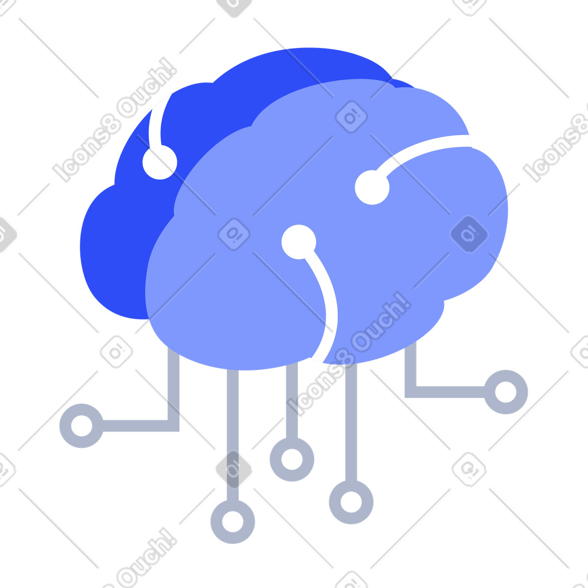 Minimalist blue brain with circuits, artificial intelligence and machine learning illustration in System style download in PNG, SVG