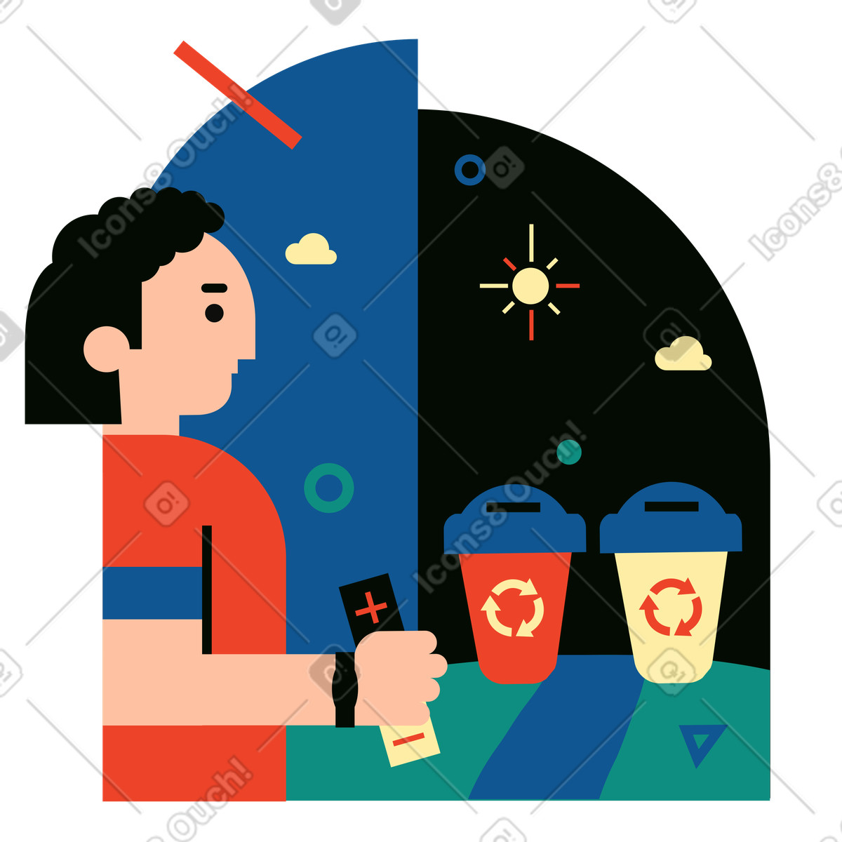 Illustration Un homme sépare les déchets pour recycler dans le style Polar à télécharger aux formats PNG, SVG