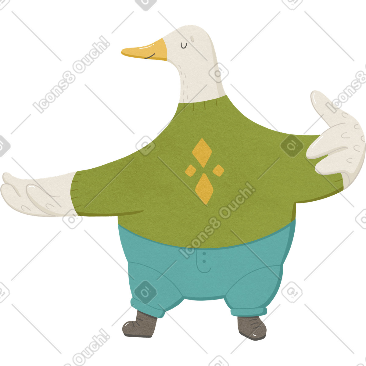 Illustration Oie dans un pull vert et pantalon turquoise le style Goose à télécharger aux formats PNG, SVG