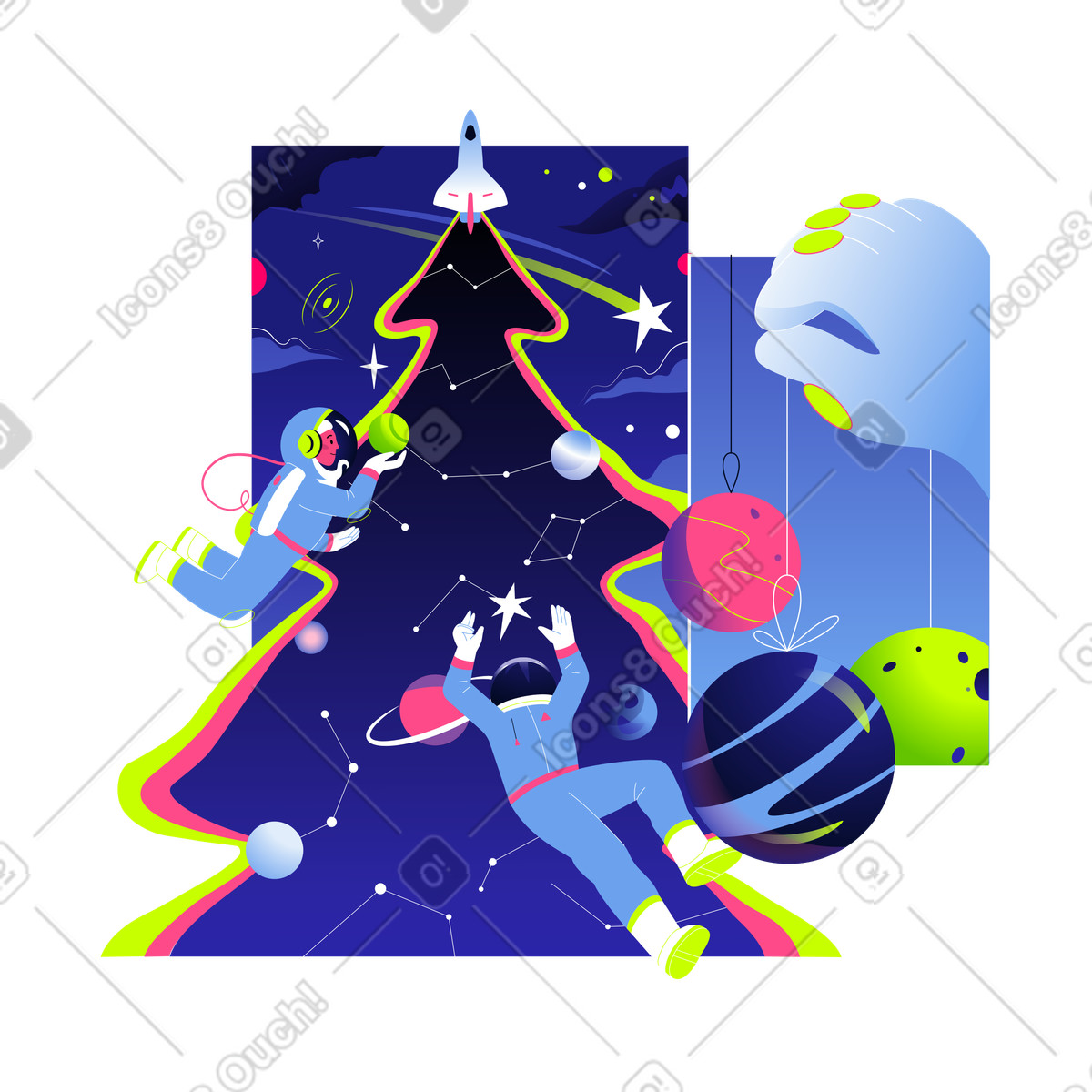 Ilustración Los astronautas decoran el árbol de navidad y celebran la en estilo Space a descargar en PNG SVG