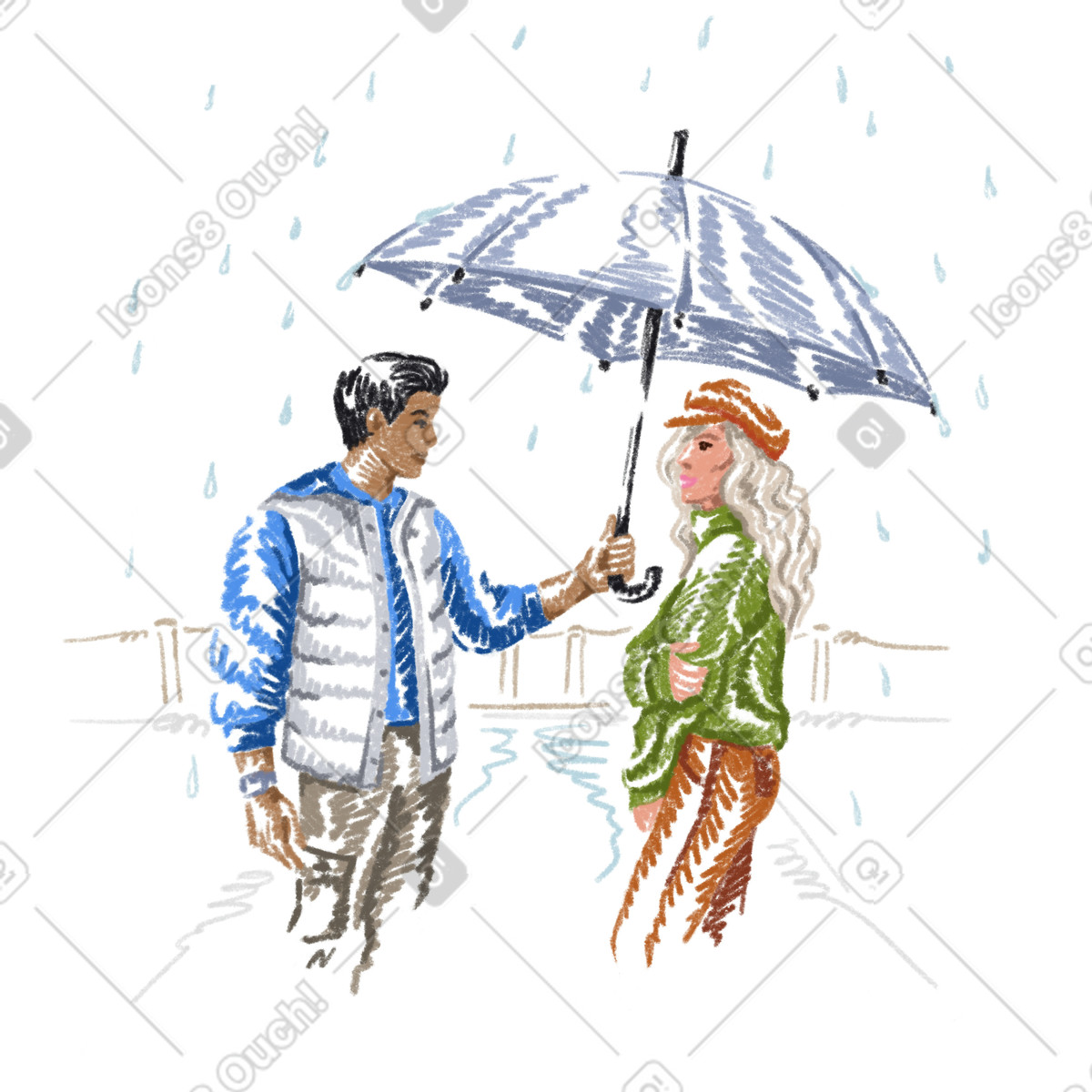 下载 Sketchbook 风格的 Man and a woman walk in the rain 插画，支持 PNG、SVG 格式