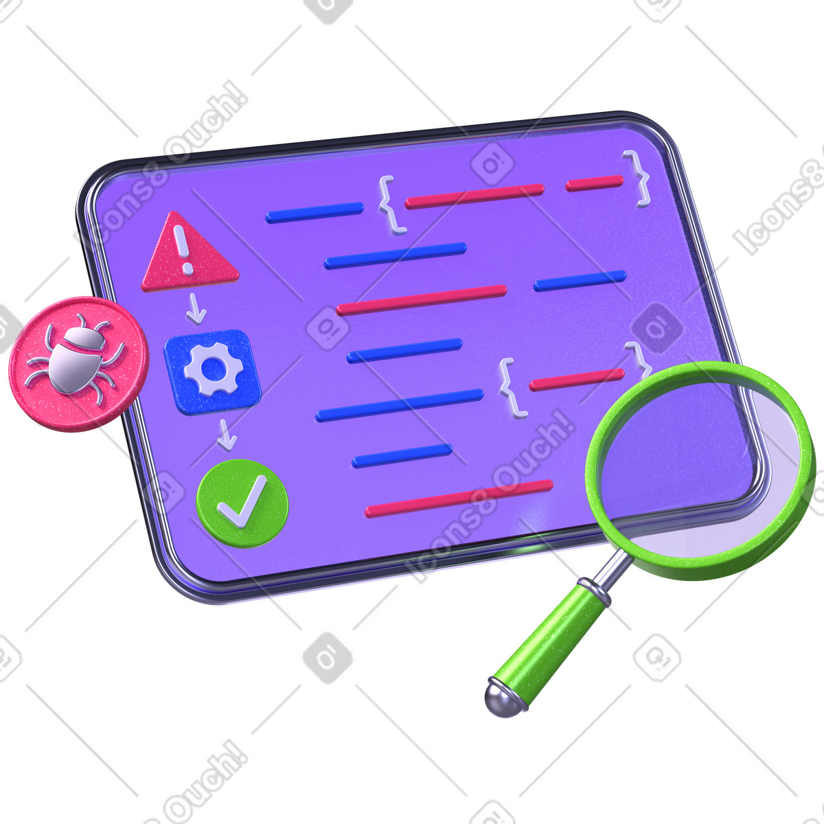 Code debugging process, Software testing workflow, Bug fixing analysis illustration in PNG, SVG