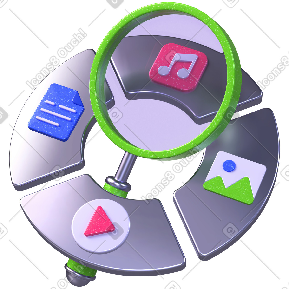 Ilustración Búsqueda de contenido, análisis medios digitales, organización archivos en estilo 3D Boost a descargar en PNG y SVG