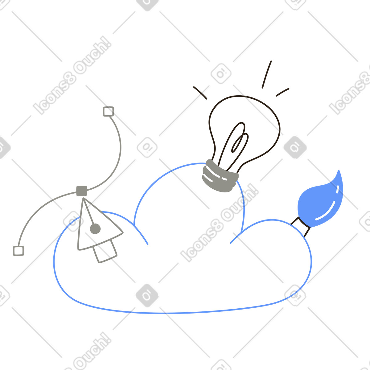 Lampadina e pennello nella nuvola, brainstorming processo creativo illustrazione in stile Plain scarica in PNG, SVG