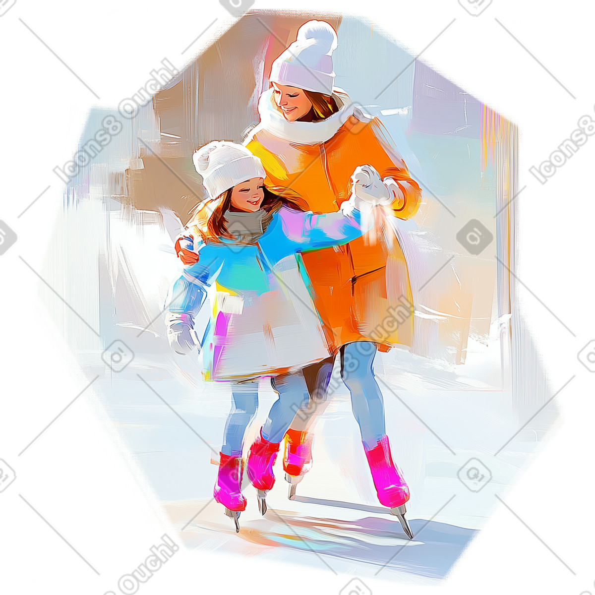 Oil painting of mom and daughter ice skating illustration in Pictorial style download in PNG, SVG
