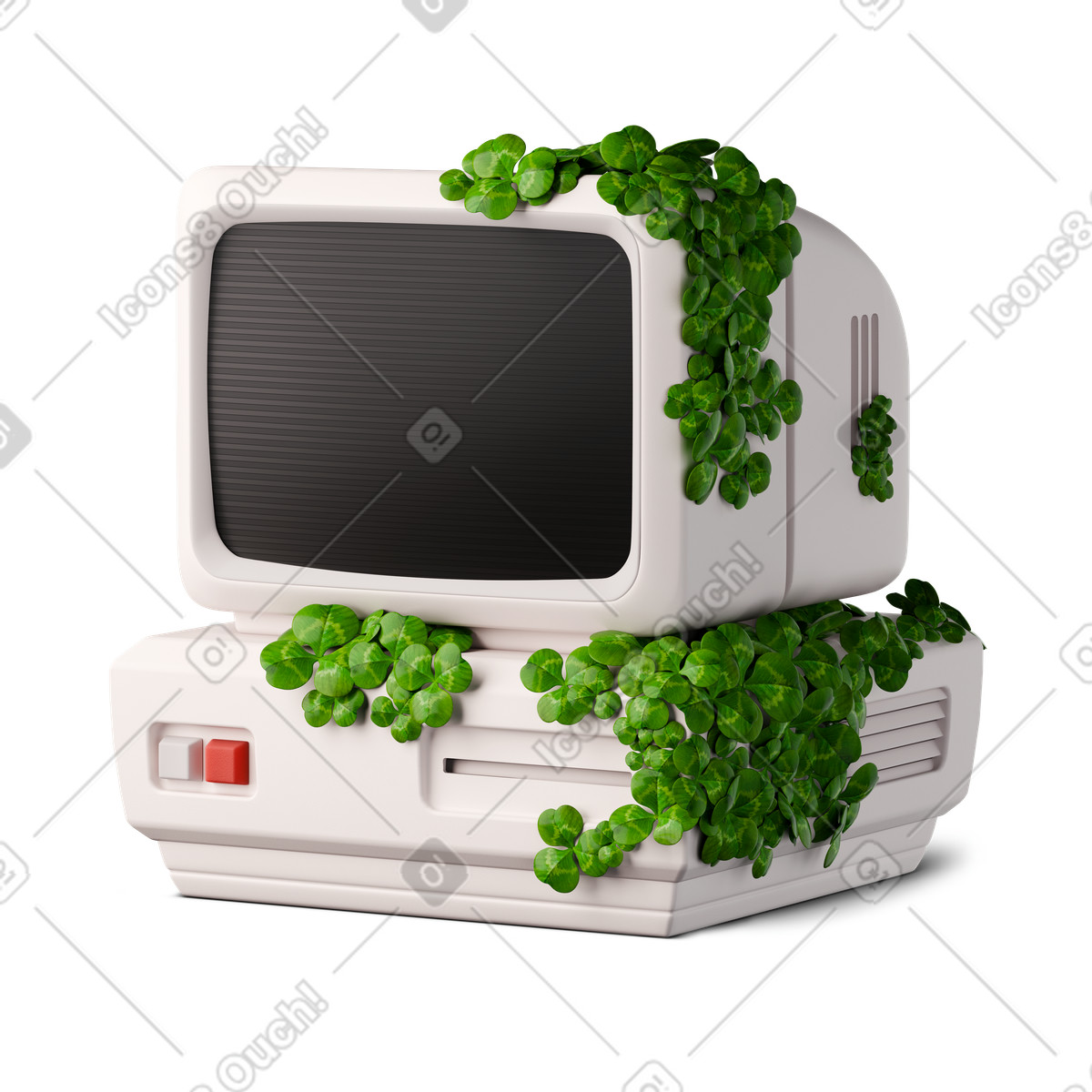 Old computer with sprouted clover illustration in 3D Stickle style download in PNG, SVG