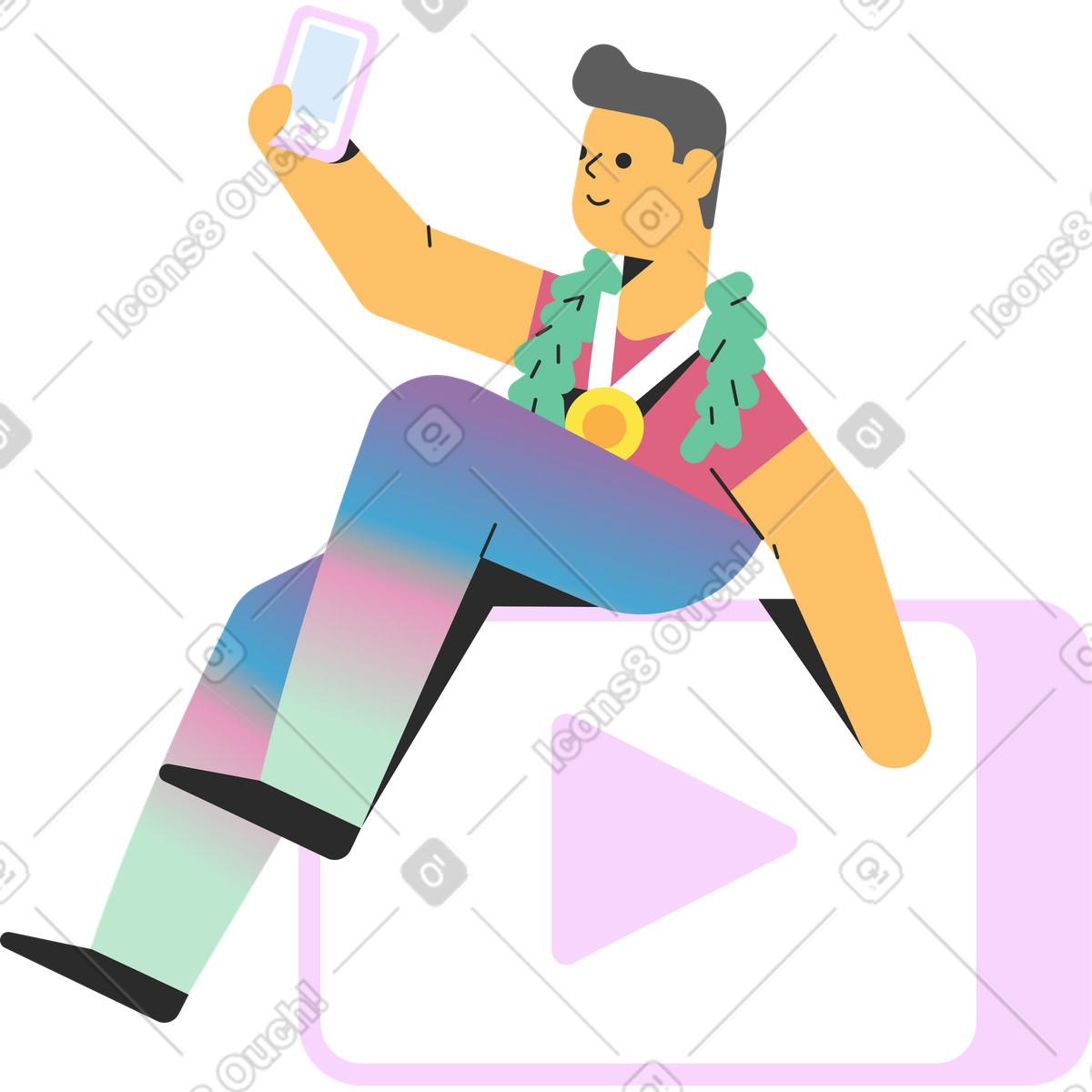 Marginalia スタイルの Man with phone sitting on youtube button のイラストをPNG、SVG形式でダウンロード