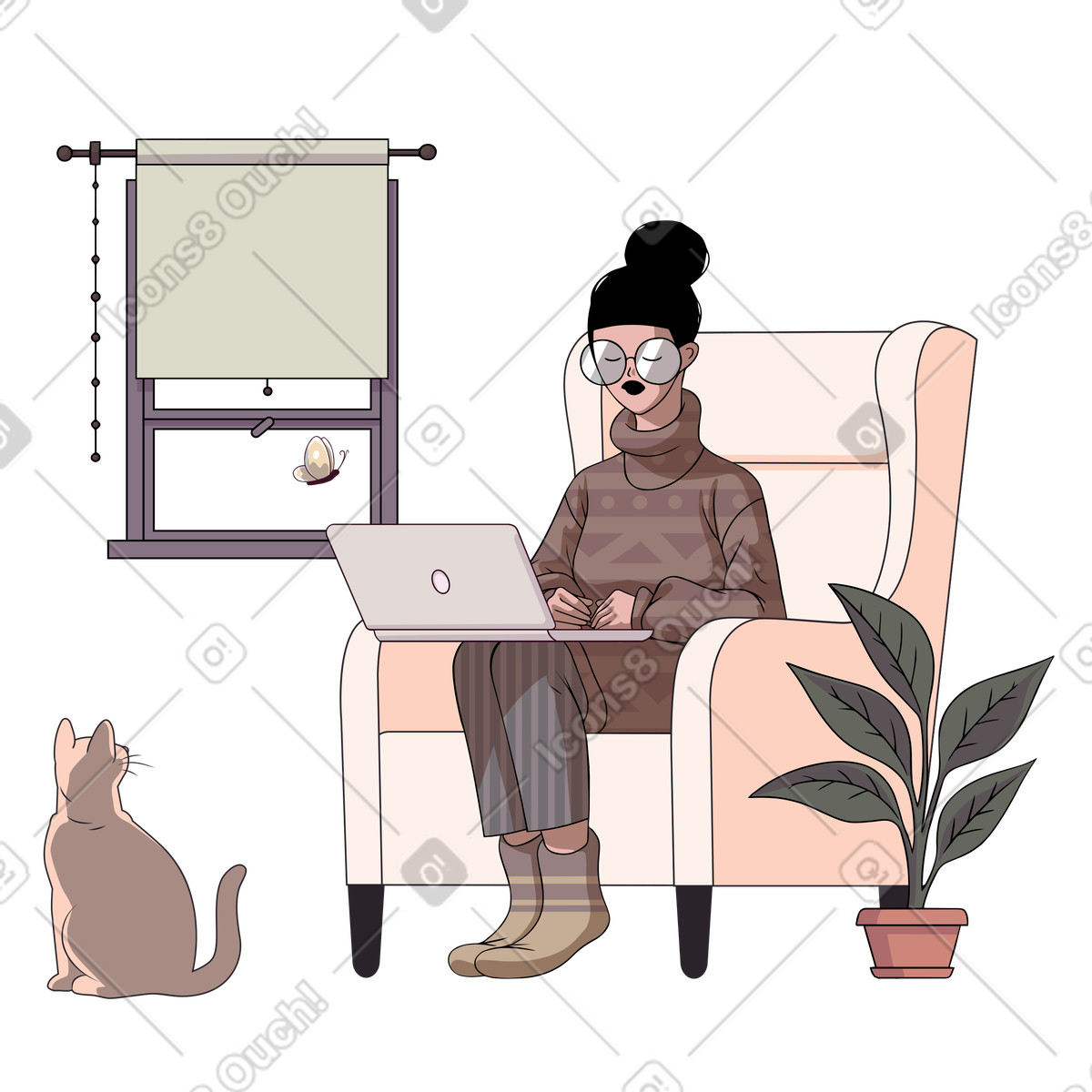 Illustration Femme restant à la maison travaillant distance dans le style Eastwood télécharger aux formats PNG, SVG