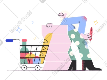 Woman with shopping trolley looking at shopping list PNG, SVG