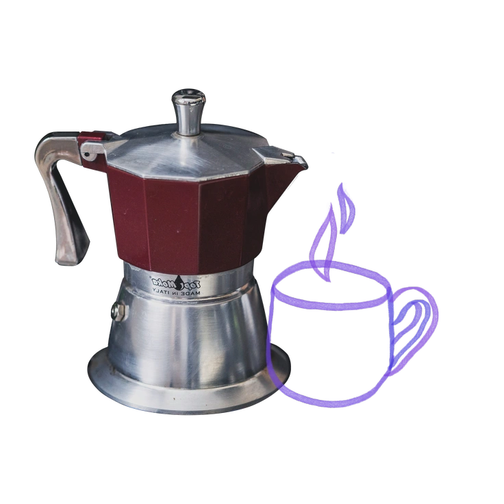 A moka pot with a steaming cup - Marker style illustration