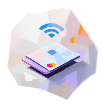 An illustration depicting a contactless payment card prominently displayed in the center. The card has a sleek design with a glossy finish, showcasing a digital pattern in shades of blue and silver. Above the card, a "wireless" symbol is depicted, representing the contactless technology, with curved lines extending outward. The background is a smooth gradient that enhances the modern and technological feel of the image.