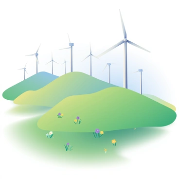 A picturesque hillside is covered in lush green grass, rising gently in the background. Rows of white wind turbines with sleek, elongated blades are strategically placed across the hillside, rotating gracefully in the breeze. The turbines have a modern design, standing tall against a clear blue sky. In the foreground, there are small clusters of wildflowers in various colors, adding vibrant splashes of purple, yellow, and white. The sunlight casts soft shadows on the grassy slopes, enhancing the tranquil atmosphere of the scene.
