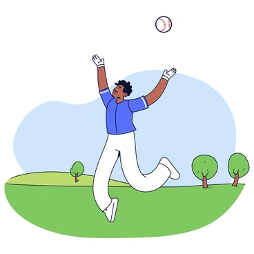 An outfielder wearing a blue jersey and white pants is leaping into the air to catch a fly ball. The ball is above the player, glinting in the sunlight. The field is a lush green, stretching out with neatly cut grass. In the background, there are a few scattered trees and a clear blue sky. The player's gloves are outstretched as they ascend, capturing a moment of action and athleticism.
