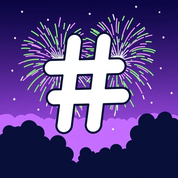 A night sky filled with vibrant fireworks that burst into a distinct "#” shape. The background is a deep expanse, dotted with stars. Each firework explodes in a radiant display, creating bright contrasting shapes that fade into the night. Below, silhouettes of trees can be seen, framing the scene and adding depth to the image. The ground is a dark silhouette against the illuminated sky, enhancing the impact of the colorful fireworks.